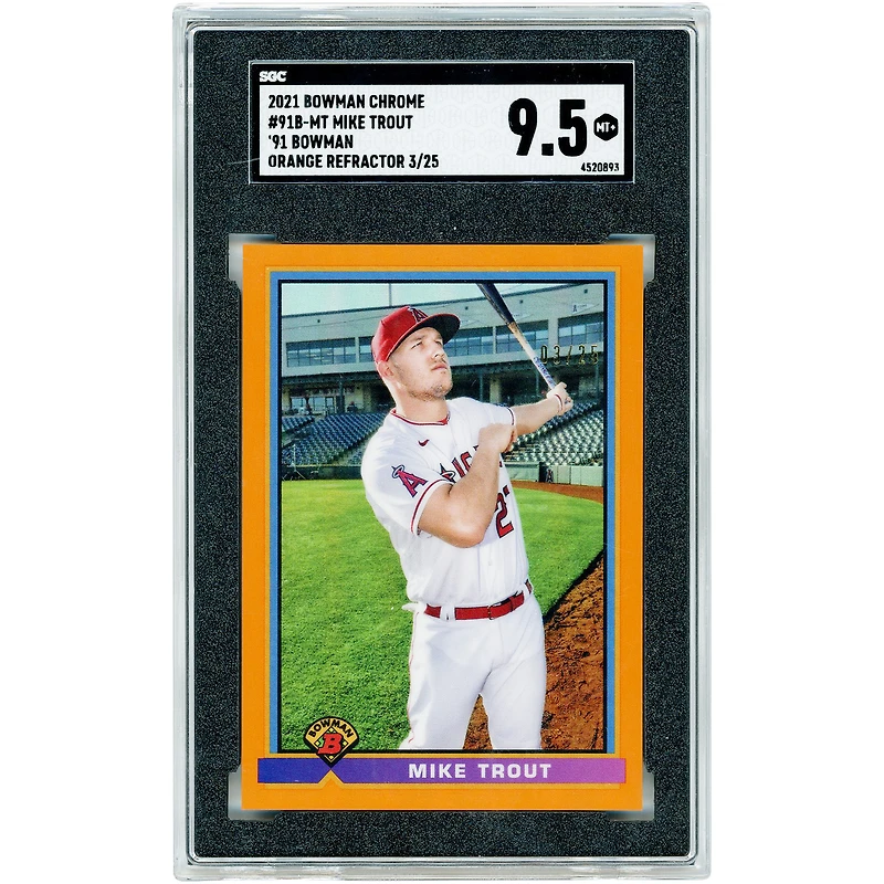 Carte Mike Trout des Angels de Los Angeles 2021 Bowman Chrome '91 Bowman Design Orange Refractor #91B-MT #03/25 authentifiée SGC 9.5