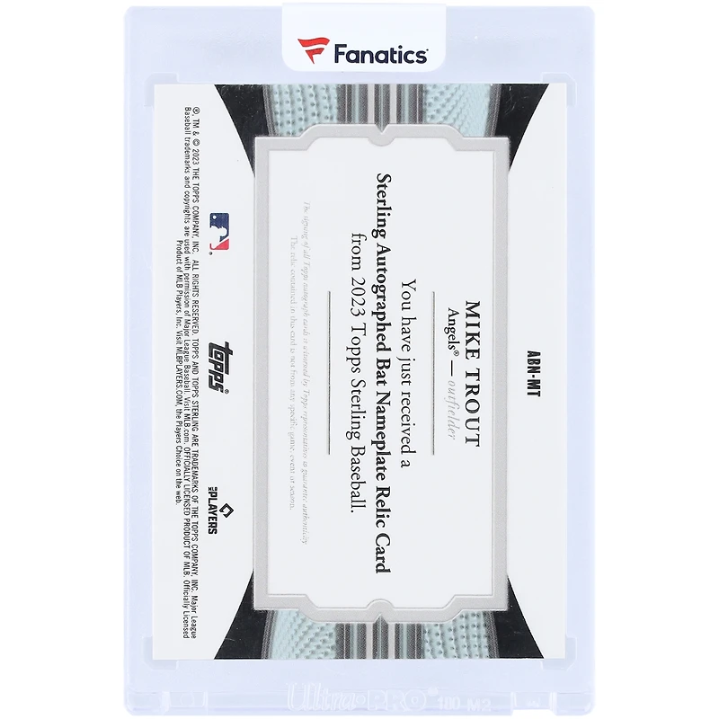 Carte autographiée Mike Trout des Angels de Los Angeles, édition 2023 Topps Sterling, avec plaque nominative et fût de batte utilisé en match #ABN-MT #1/1
