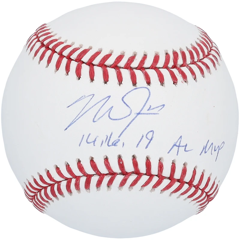 Baseball autographié par Mike Trout des Los Angeles Angels avec l'inscription « 14,16,19 AL MVP »