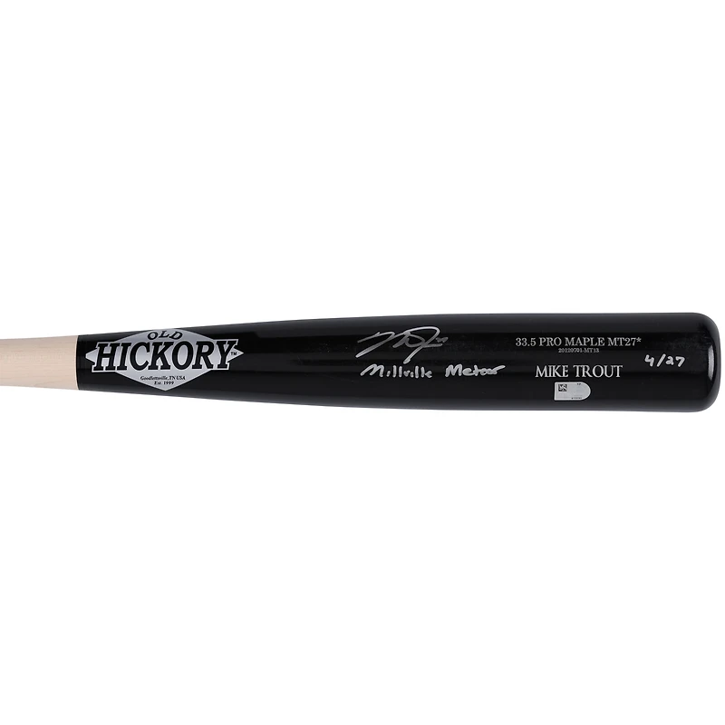 Batte de baseball Old Hickory dédicacée par Mike Trout des Los Angeles Angels avec inscription « Millville Meteor » - Édition limitée à 27 exemplaires
