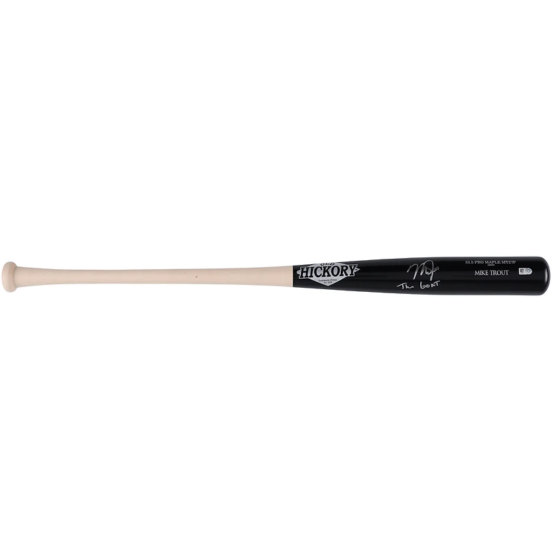 Batte de baseball Old Hickory dédicacée par Mike Trout des Los Angeles Angels avec l'inscription « The GOAT »