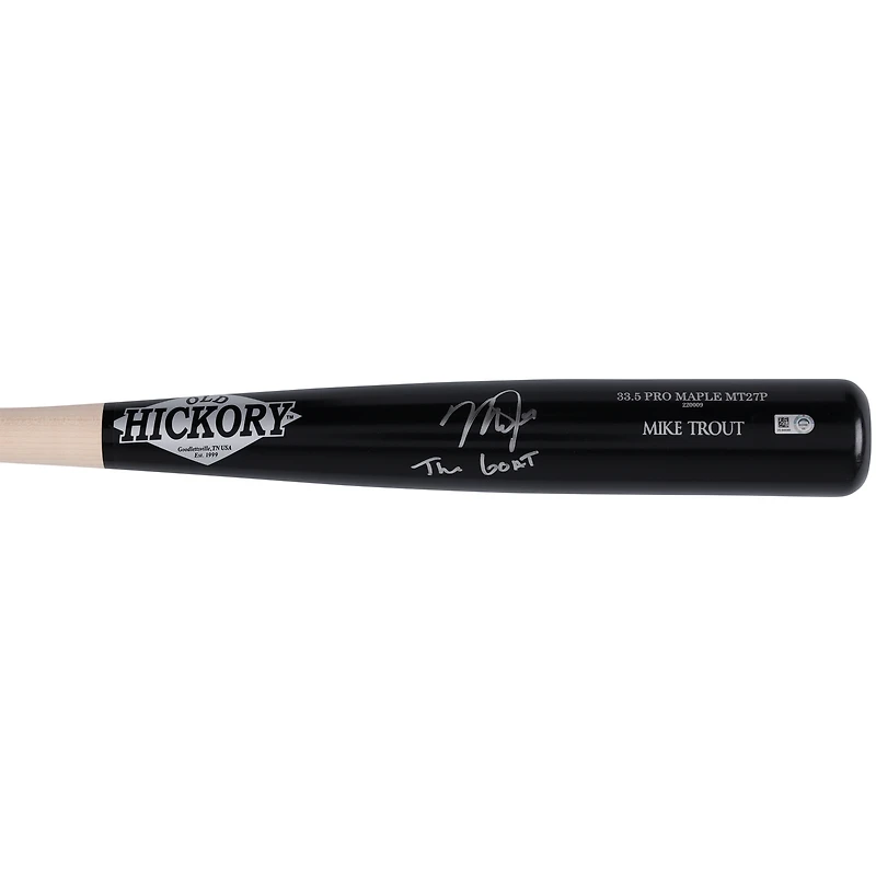 Batte de baseball Old Hickory dédicacée par Mike Trout des Los Angeles Angels avec l'inscription « The GOAT »