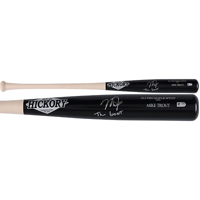 Batte de baseball Old Hickory dédicacée par Mike Trout des Los Angeles Angels avec l'inscription « The GOAT »