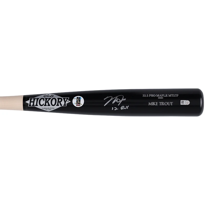 Batte de baseball Old Hickory Game Model autographiée par Mike Trout des Los Angeles Angels avec l'inscription « 12 ROY »