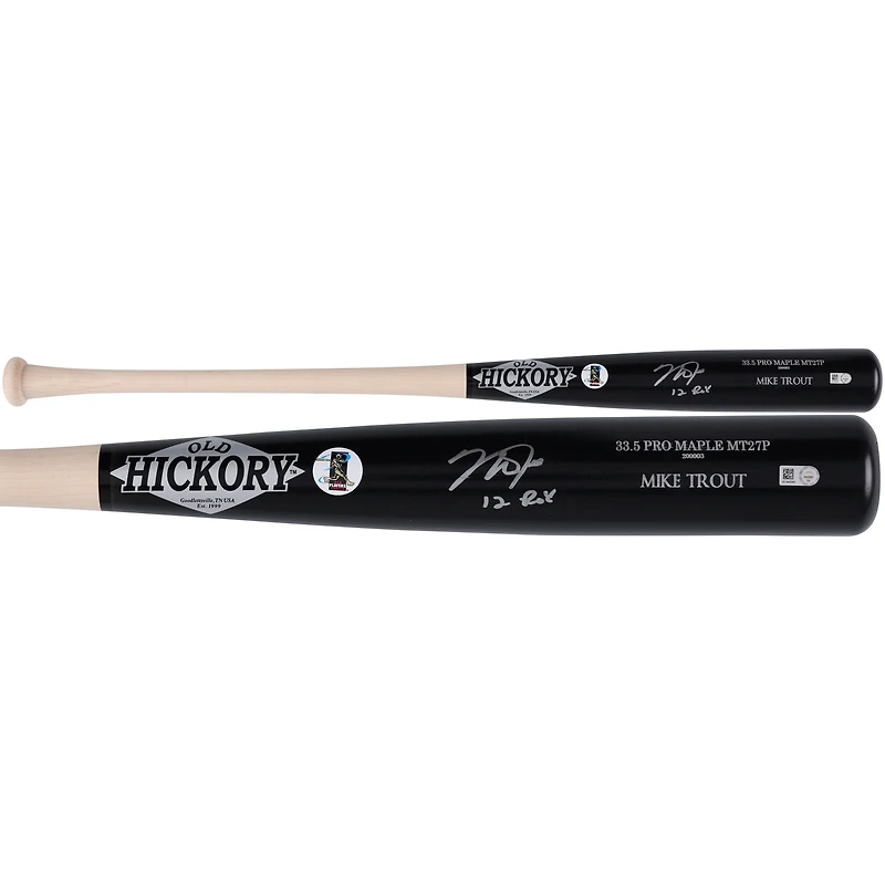 Batte de baseball Old Hickory Game Model autographiée par Mike Trout des Los Angeles Angels avec l'inscription « 12 ROY »