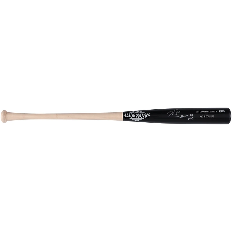 Batte de baseball Old Hickory Game Model autographiée par Mike Trout des Los Angeles Angels avec l'inscription « 14,16,19 AL MVP »