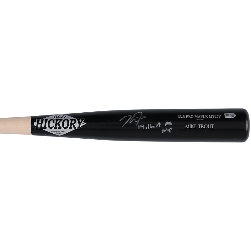 Batte de baseball Old Hickory Game Model autographiée par Mike Trout des Los Angeles Angels avec l'inscription « 14,16,19 AL MVP »