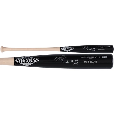 Batte de baseball Old Hickory Game Model autographiée par Mike Trout des Los Angeles Angels avec l'inscription « 14,16,19 AL MVP »