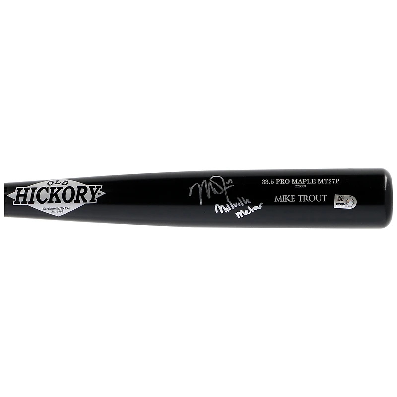 Batte de baseball Old Hickory autographiée par Mike Trout des Los Angeles Angels avec l'inscription « Millville Meteor »