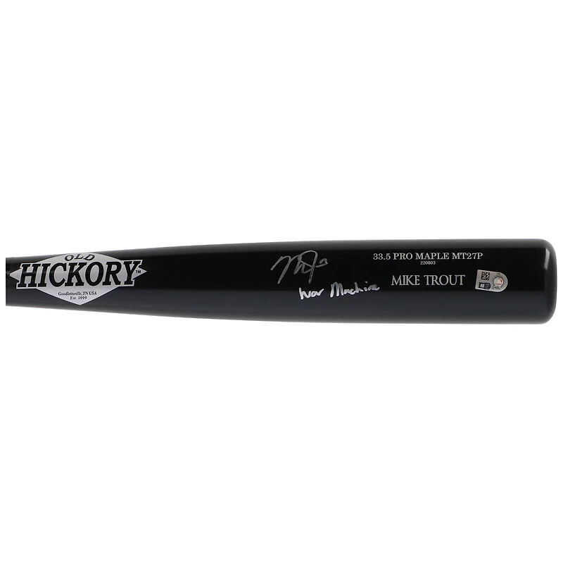 Bâton de baseball Old Hickory Game Model autographié par Mike Trout des Angels de Los Angeles, avec inscription « War Machine ».