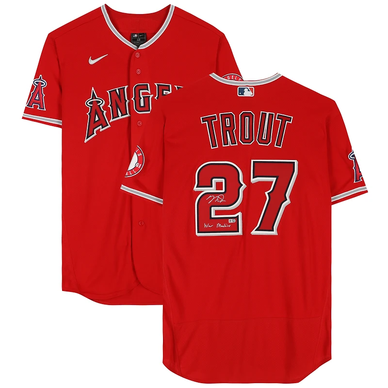 Maillot Nike authentique rouge autographié par Mike Trout des Los Angeles Angels avec inscription « War Machine »