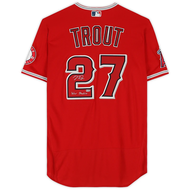 Maillot Nike authentique rouge autographié par Mike Trout des Los Angeles Angels avec inscription « War Machine »