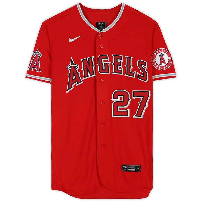 Maillot Nike authentique rouge autographié par Mike Trout des Los Angeles Angels avec inscription « War Machine »