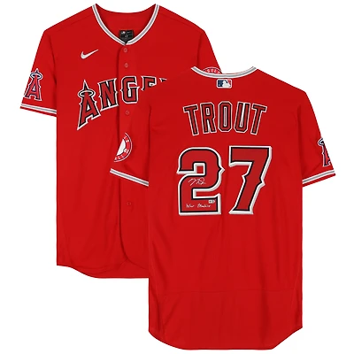 Maillot Nike authentique rouge autographié par Mike Trout des Los Angeles Angels avec inscription « War Machine »