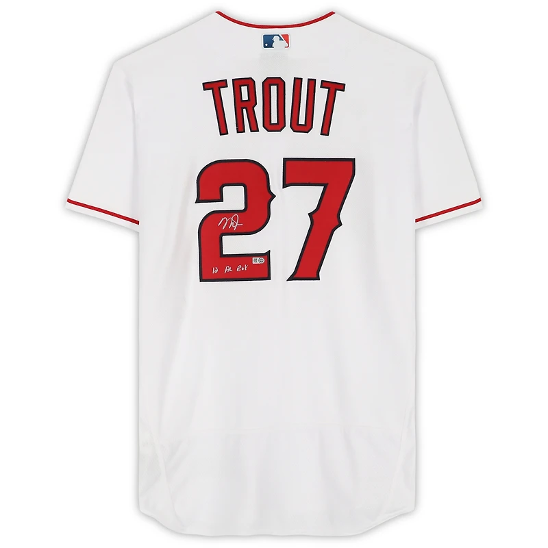 Maillot Nike authentique blanc autographié par Mike Trout des Los Angeles Angels avec inscription « 12 AL ROY »