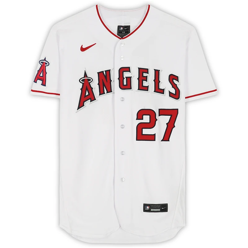 Maillot Nike authentique blanc autographié par Mike Trout des Los Angeles Angels avec inscription « 12 AL ROY »