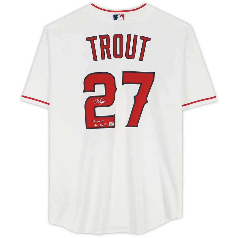 Maillot réplique Nike blanc autographié par Mike Trout des Los Angeles Angels avec inscription « 14,16,19 AL MVP »