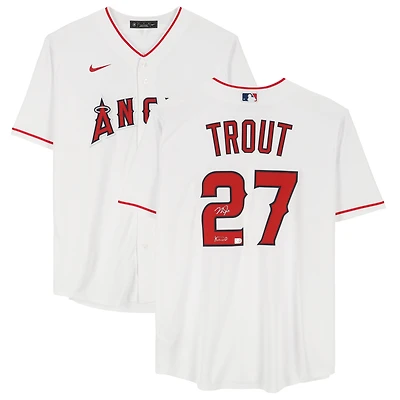 Maillot réplique Nike blanc autographié par Mike Trout des Los Angeles Angels avec inscription « KiiiiiD »