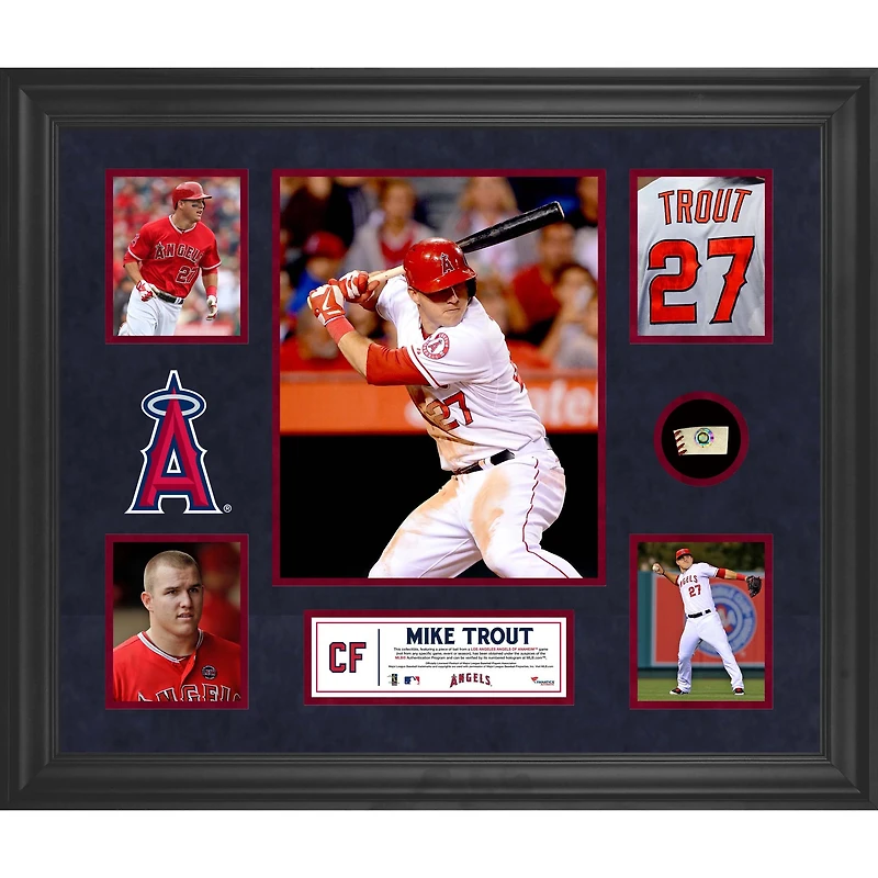 Collage encadré de 5 photos de Mike Trout des Los Angeles Angels avec un morceau de ballon utilisé lors du match