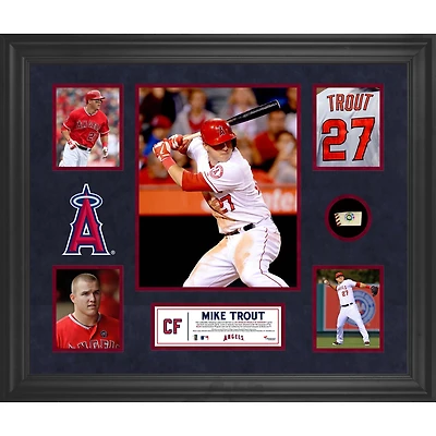 Collage encadré de 5 photos de Mike Trout des Los Angeles Angels avec un morceau de ballon utilisé lors du match