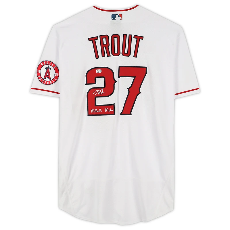 Maillot Nike authentique autographié par Mike Trout White des Los Angeles Angels avec inscription « Millville Meteor »