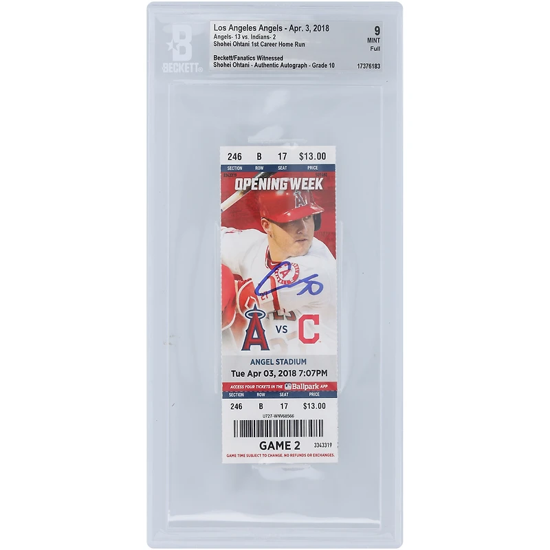 Shohei Ohtani Los Angeles Angels Beckett Fanatics Witnessed Authenticated 9/10 Ticket from April 3, 2018 - 1st Career Home Run