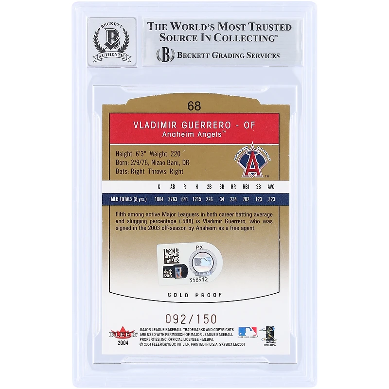 Vladimir Guerrero Los Angeles Angels Autographed 2004 Fleer Skybox L.E. Gold Proof #68 #/150 Beckett Fanatics Witnessed Authenticated 10 Card