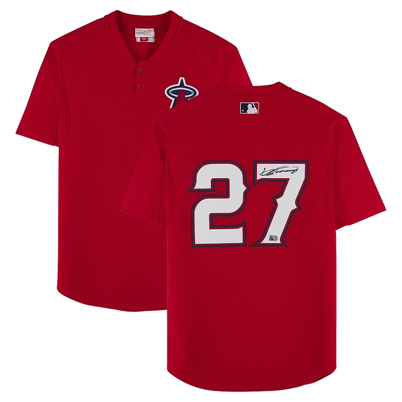 Maillot d'entraînement au bâton rouge Mitchell & Ness autographié par Vladimir Guerrero des Angels de Los Angeles