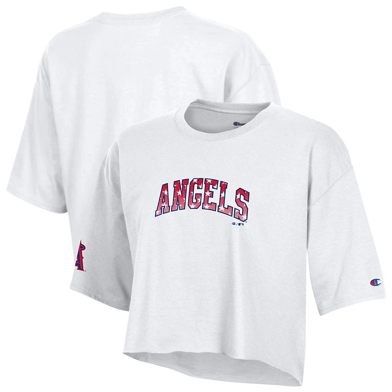 Women's Champion  White Los Angeles Angels Boyfriend Cropped Americana T-Shirt