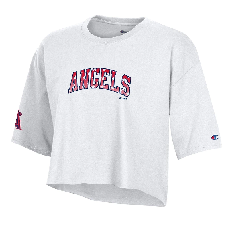 Women's Champion  White Los Angeles Angels Boyfriend Cropped Americana T-Shirt