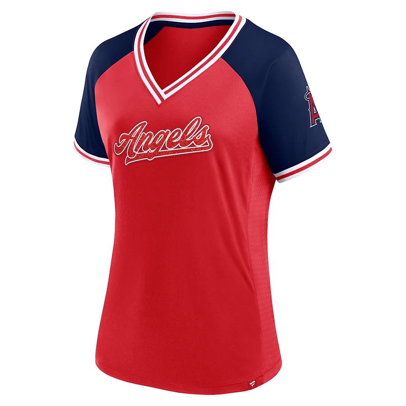 T-shirt rouge à col en V Fanatics pour femmes des Angels de Los Angeles Glitz & Glam League Diva Raglan