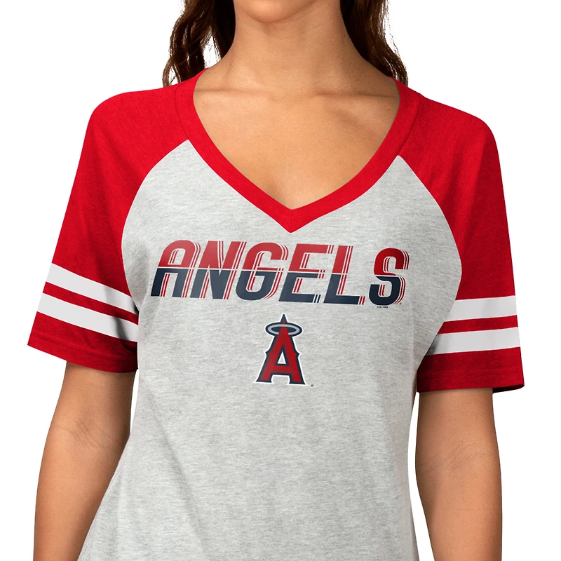 Women's G-III 4Her by Carl Banks Heather Gray Los Angeles Angels Goal Line Raglan V-Neck T-Shirt