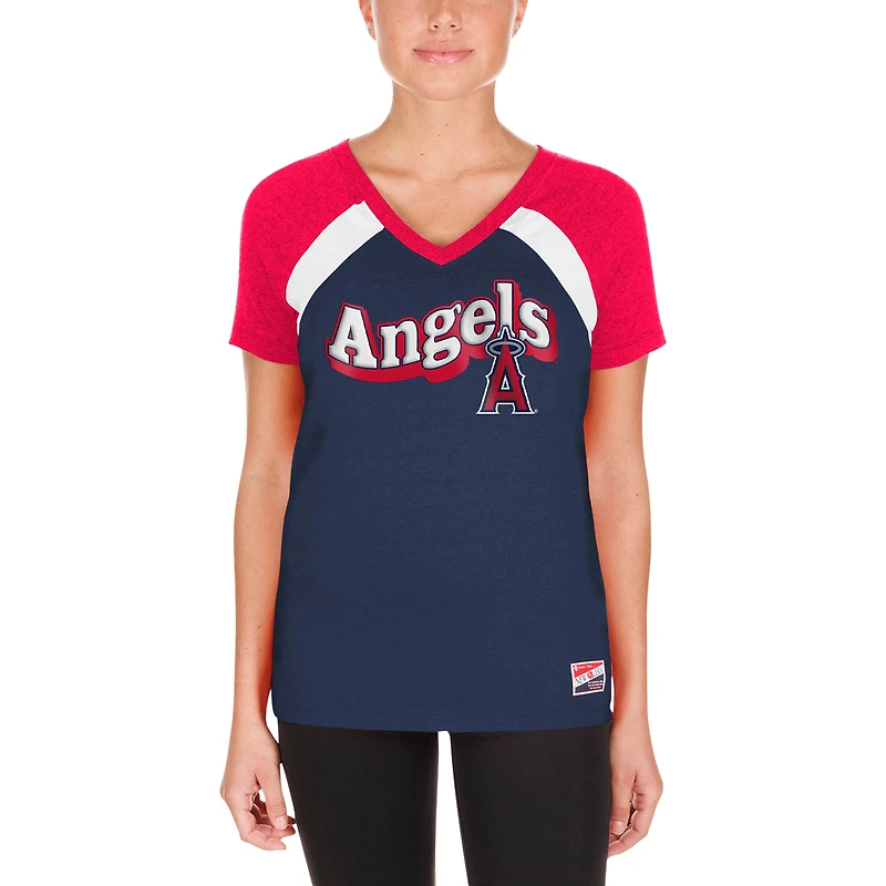 T-shirt à col en V chiné Los Angeles Angels New Era pour femme bleu marine