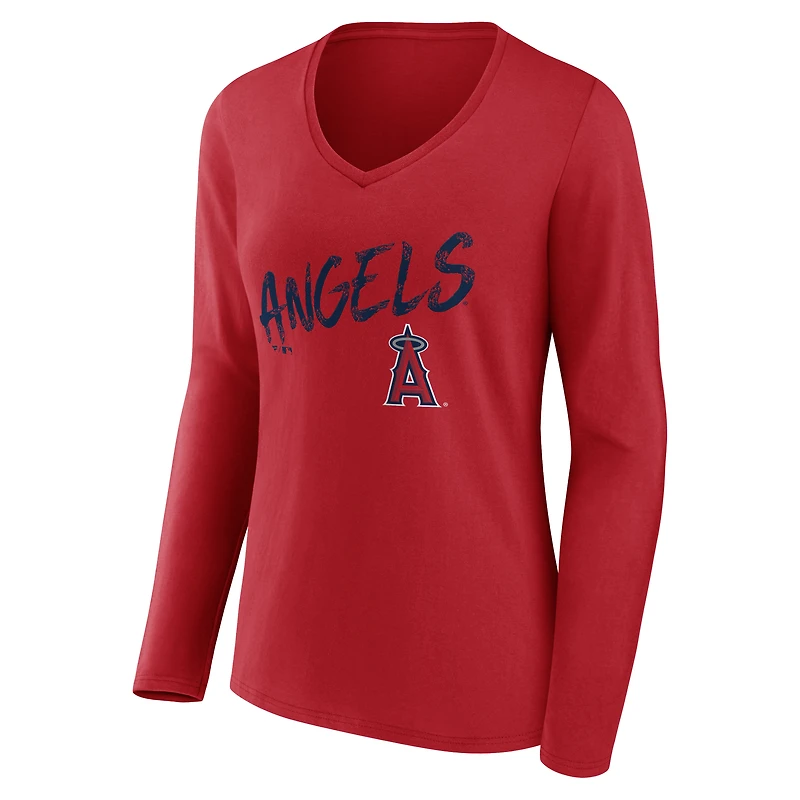 Women's Red Los Angeles Angels Hustle Personalized Name & Number Long Sleeve V-Neck T-Shirt