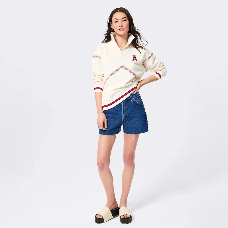 Women's Terez Cream Los Angeles Angels Baseball Stitch Quarter-Zip Pullover