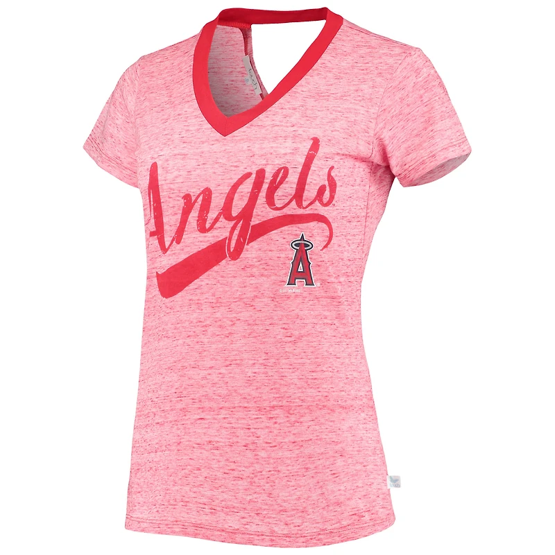 T-shirt à col en V rouge Touch Los Angeles Angels pour femme, imprimé spatial, avec dos croisé et motif Hail Mary.