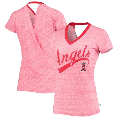 T-shirt à col en V rouge Touch Los Angeles Angels pour femme, imprimé spatial, avec dos croisé et motif Hail Mary.