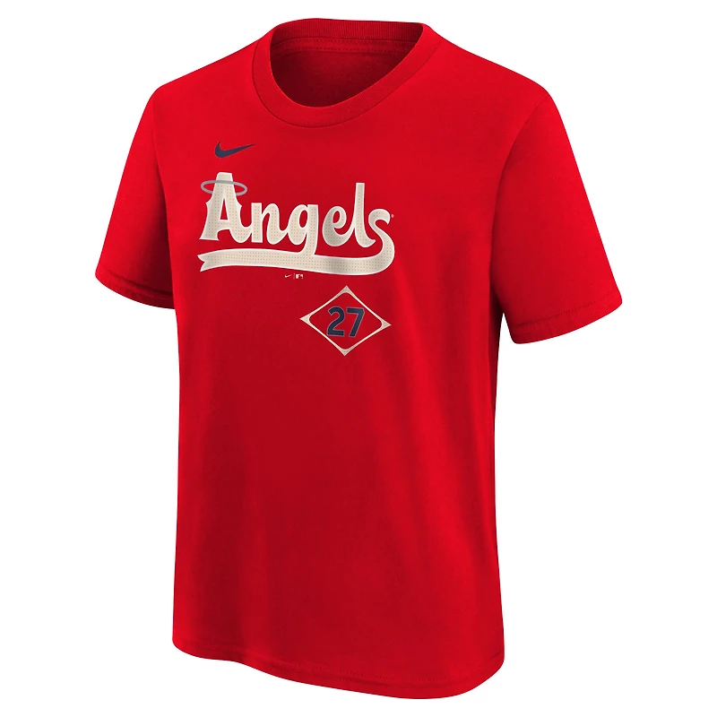 T-shirt Nike Mike Trout rouge Los Angeles Angels Fuse City Connect avec nom et numéro pour jeune