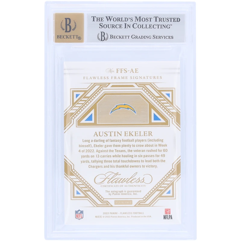 Carte Panini Flawless Sterling & Gold Efoilution #FFS-AE #1/1 authentifiée 8,5/10 signée Austin Ekeler Los Angeles Chargers 2022
