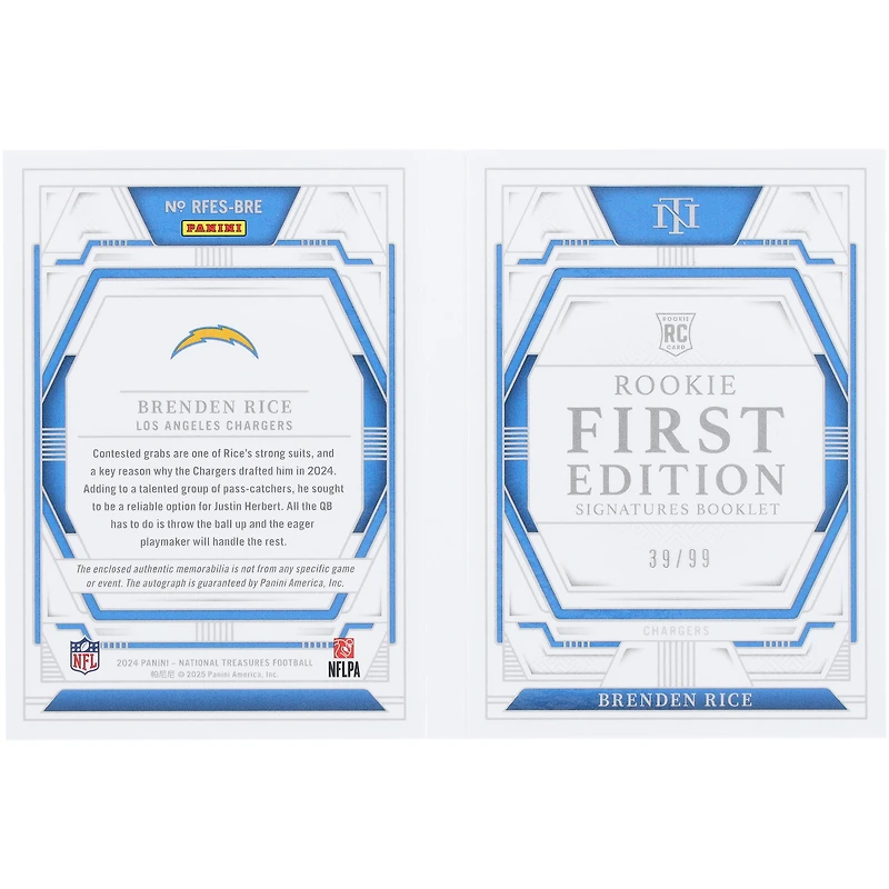 Brenden Rice Los Angeles Chargers Autographed 2023 Panini National Treasures Tri-Color Relic Booklet #RFES-BRE #39/99 Rookie Card