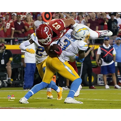 Derwin James Jr. Los Angeles Chargers Unsigned Tackles Travis Kelce Photograph