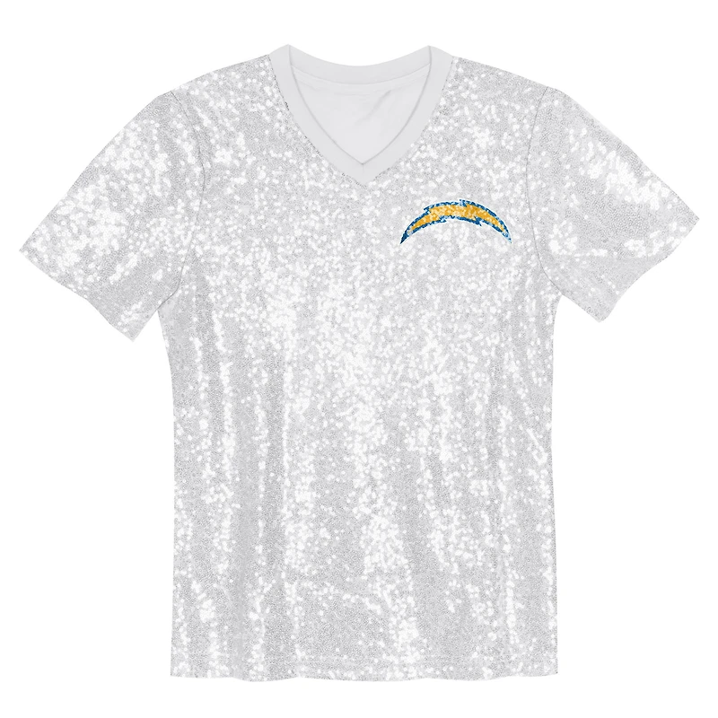 Haut blanc à col en V et sequins avec inscription Los Angeles Chargers pour jeunes filles