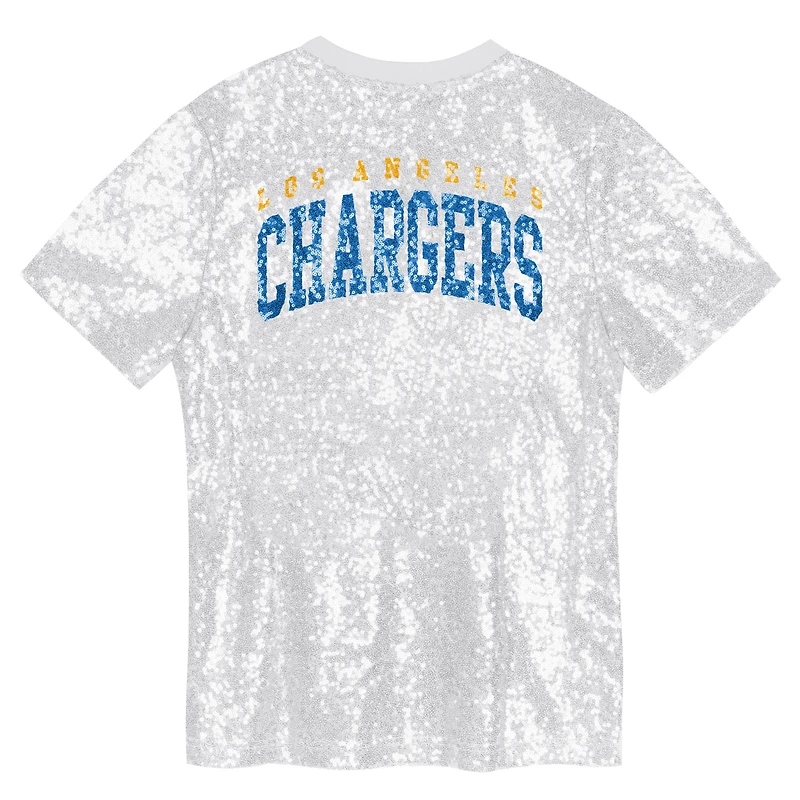 Haut blanc à col en V et sequins avec inscription Los Angeles Chargers pour jeunes filles