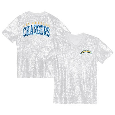 Haut blanc à col en V et sequins avec inscription Los Angeles Chargers pour jeunes filles