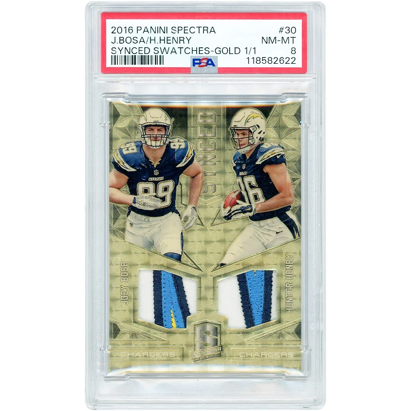 Joey Bosa & Hunter Henry Los Angeles Chargers 2016 Panini Spectra Gold Vinyl Synced Swatches Dual Tri-Color Relics #30 #1/1 PSA Authenticated 8 Card