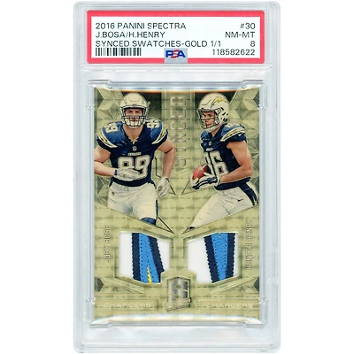 Joey Bosa & Hunter Henry Los Angeles Chargers 2016 Panini Spectra Gold Vinyl Synced Swatches Dual Tri-Color Relics #30 #1/1 PSA Authenticated 8 Card