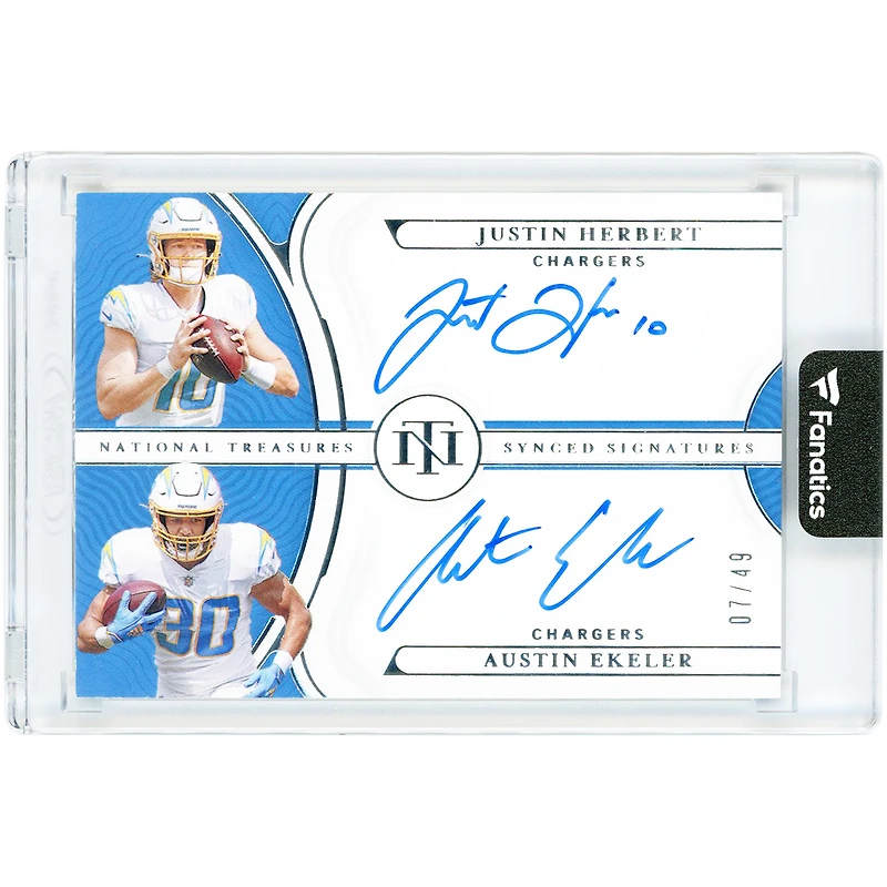 Justin Herbert & Austin Ekeler Los Angeles Chargers Autographed 2021 Panini National Treasures Synced Signatures #SS-HE #7/49 Card