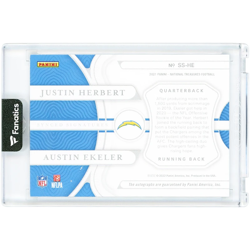 Carte autographiée par Justin Herbert et Austin Ekeler des Chargers de Los Angeles, Panini National Treasures 2021, signatures synchronisées, n° SS-HE, n° 7/49