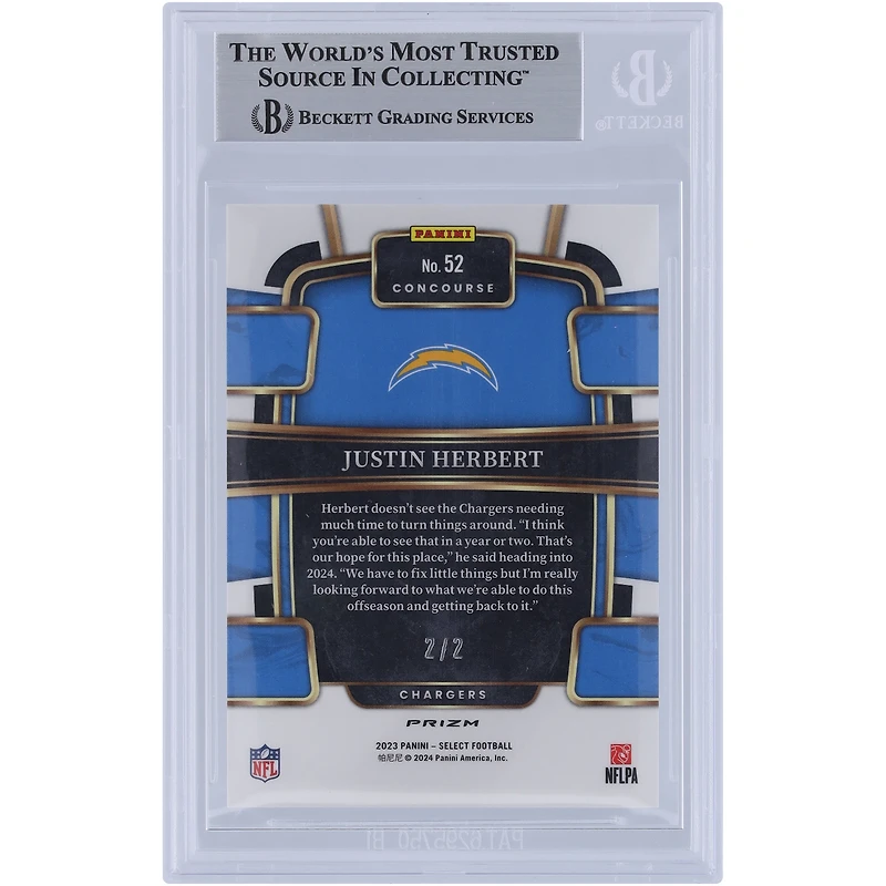 Justin Herbert Los Angeles Chargers 2023 Panini Select Green & Black Snakeskin Prizm #52 #2/2 BGS Authentifié 9 Cartes - 9.5, 9.5, 9.5, 8 Sous-grades