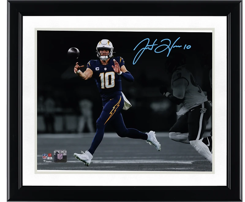 Justin Herbert Los Angeles Chargers Autographed 11" x 14" Navy Jersey Passing Spotlight Photograph